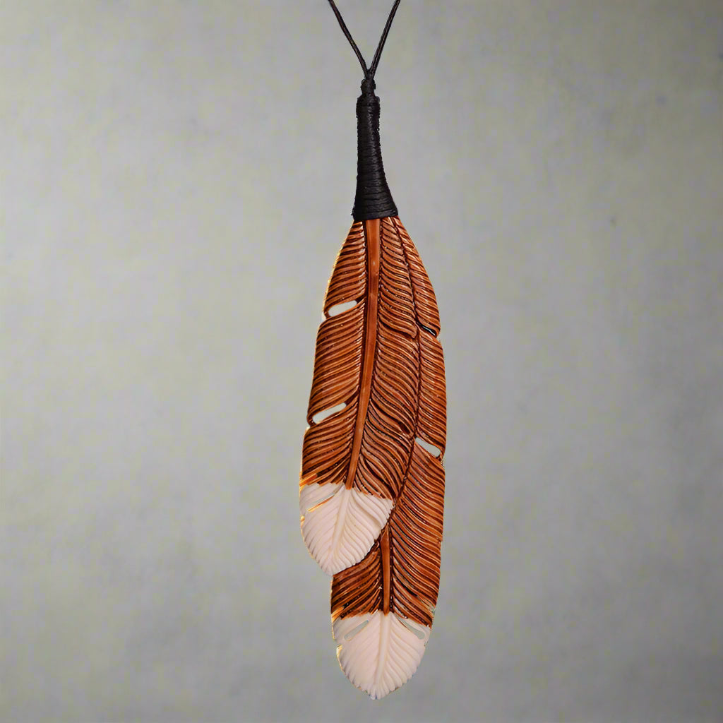 Bone Pendant - Brown feather & white tip