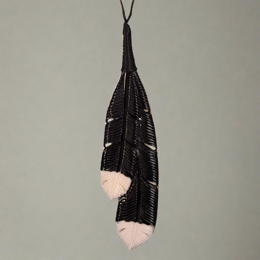 Bone Pendant - Black feather & white tip