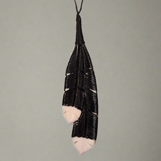 Bone Pendant - Black feather & white tip