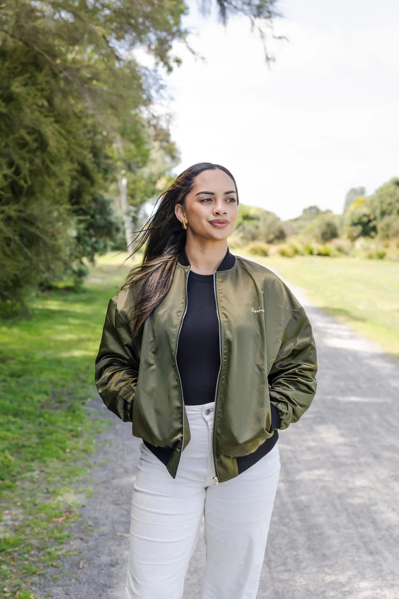 Kaitiaki Bomber Jacket - Green Satin